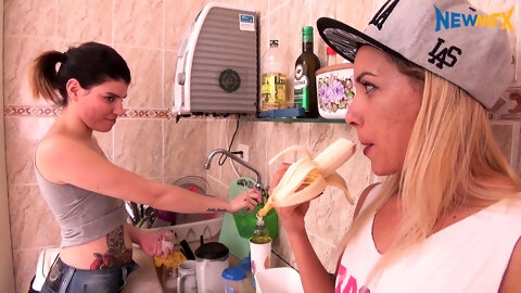 Pale Blonde And Tanned Brunette Lesbians...